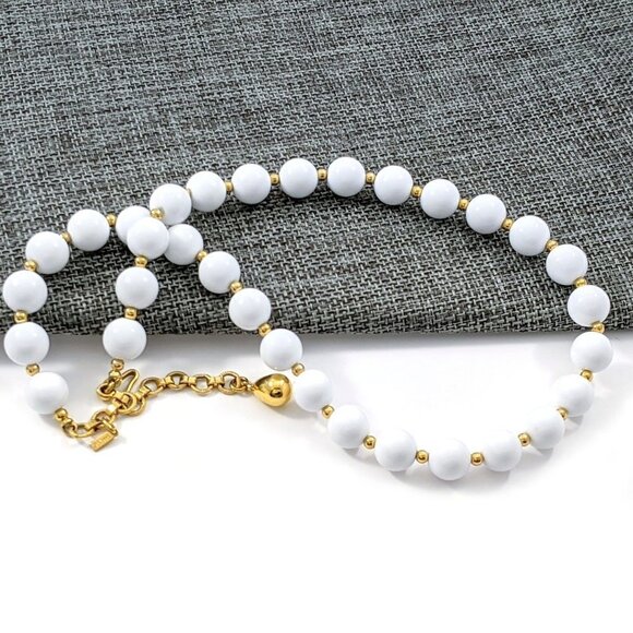 Vintage Monet Gold Tone & White Round Beads Necklace - Picture 1 of 10
